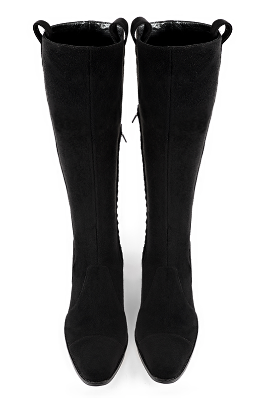 Custom-made women's matt black elegant riding knee-high boots. Round toe. Low block heels - Top view